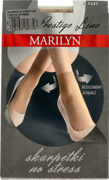 Front opakowania Marilyn Prestige Line Skarpetki, szaro-czerwone, z nogami w transparentnych skarpetkach bez ucisku.