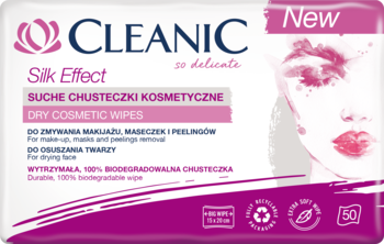 Cleanic Silk Effect suche chusteczki kosmetyczne, do demakijażu wrażliwej skóry, biało-różowe opakowanie z grafiką.
