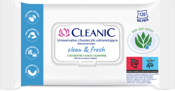 Cleanic Clean & Fresh uniwersalne chusteczki nawilżane do rąk i ciała, 120 sztuk, biała paczka, widok z przodu.