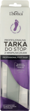 L'biotica profesjonalna tarka do stóp z minipilniczkami, biało-fioletowe opakowanie, widok z przodu.