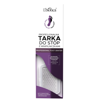 Biało-fioletowe opakowanie tarki L'Biotica z minipilniczkami, widok z przodu, z obrazem srebrnej tarki.