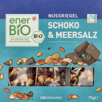 Opakowanie enerBio Nussriegel Schoko & Meersalz 75g w kolorze niebieskim, z widocznymi trzema batonami orzechowymi.