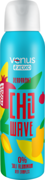 Dezodorant Venus Chi Wave 0% soli aluminium, turkusowa butelka z grafiką granatu i mango, widok z przodu.