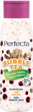 Biały balsam Perfecta Bubble Tea z imbirem, cynamonem i kombuchą, z czerwonymi kuleczkami, widok z przodu.