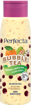 Perfecta Bubble Tea balsam do ciała, butelka w kropki z różową nakrętką, grafika pomarańczy i zielonej herbaty.