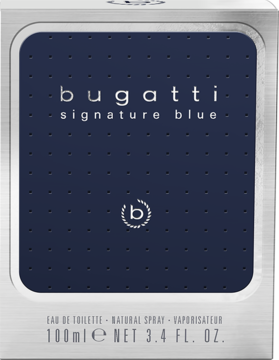 Bugatti Signature Blue woda toaletowa męska 100ml, srebrne opakowanie z granatowym panelem, widok z przodu.