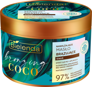 Bielenda Bronzing Coco masło brązujące, słoik turkusowy z liśćmi palmowymi, 97% naturalnych składników.