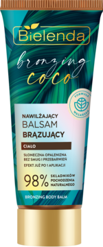 Bielenda Bronzing Coco balsam brązujący do ciała w zielonej saszetce z palmami, widok z przodu.