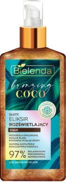 Bielenda Bronzing COCO Złoty Eliksir Rozświetlający do Ciała, w przeźroczystej butelce z pompką, widok z przodu.
