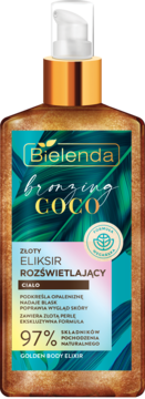 Bielenda Bronzing COCO Złoty Eliksir Rozświetlający do Ciała, w przeźroczystej butelce z pompką, widok z przodu.