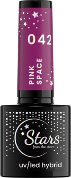 Lakier hybrydowy UV/LED Stars w czarnej butelce, różowy korek z nazwą Pink Space 042 i gwiazdkami, widok z przodu.