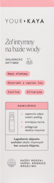 YOUR KAYA żel intymny na bazie wody do skóry wrażliwej, jasna etykieta z listą składników aktywnych.