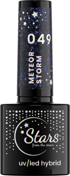 Czarny lakier hybrydowy UV/LED Stars Meteor Storm 049 z brokatowym topem, widok z przodu.
