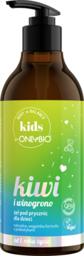 Brązowa butelka żelu OnlyBio Kids Kiwi i winogrono, zielono-niebieska etykieta, czarna pompka, widok z przodu.