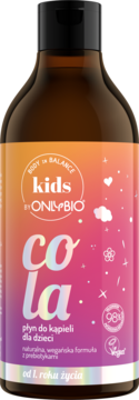 OnlyBio Kids Cola płyn do kąpieli w brązowej butelce z kolorową etykietą, dla dzieci od 1. roku, widok z przodu.