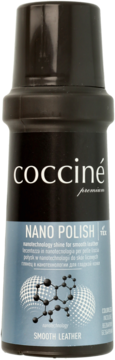 Coccine Nano Polish, płynna pasta do skór licowych, czarna butelka z niebieską etykietą i grafiką molekuł, widok przód.