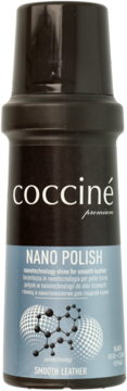Coccine Nano Polish 50ml do gładkich skór, czarna butelka z aplikatorem, widok z przodu, grafika nanotech.