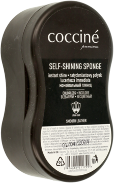Czarna, owalna gąbka Coccine SELF-SHINING SPONGE do skór licowych, bezbarwna. Widok z przodu, z etykietą.