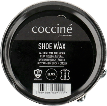 Coccine Shoe Wax w czarnej metalowej puszce z motylkiem, widok z góry, napis 'BLACK' i 'NATURAL WAX AND RESIN'.