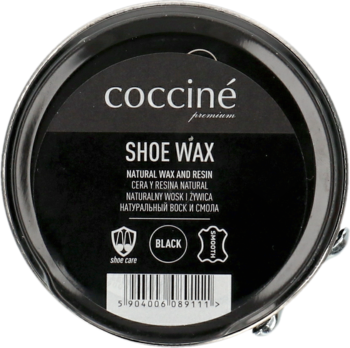 Coccine Shoe Wax w czarnej metalowej puszce z motylkiem, widok z góry, napis 'BLACK' i 'NATURAL WAX AND RESIN'.