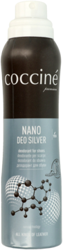 Coccine NANO DEO SILVER dezodorant do obuwia z nanocząsteczkami srebra, czarno-srebrny spray, widok z przodu.