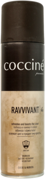 Coccine Ravvivant spray do zamszu i nubuku, czarno-beżowa butelka z napisem RAVVIVANT, odświeża kolor.
