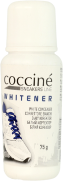 Biała butelka Coccine Sneakers Line Whitener 75g, z aplikatorem i ilustracją białego buta.