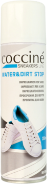 Biały spray Coccine Water&Dirt Stop do butów, z niebieskim napisem i grafiką białych sneakersów, widok z przodu.