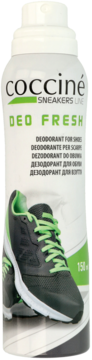 Biały dezodorant Coccine Deo Fresh do sneakersów, butelka z grafiką zielono-czarnego buta.