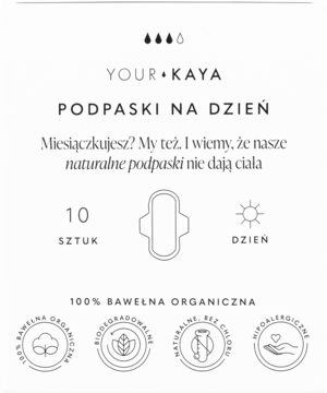 Podpaski Your Kaya na dzień w białym opakowaniu, 10 sztuk, 100% organiczna bawełna, widok z przodu.