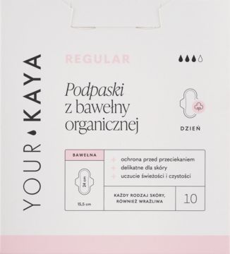 Opakowanie podpasek Your Kaya Regular z organicznej bawełny, białe, przód z tekstem. Idealne dla wrażliwej skóry, 10 sztuk.