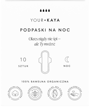 Your Kaya podpaski na noc, 100% bawełny organicznej, opakowanie z tekstem i ikonami, widok z przodu.