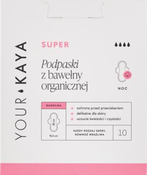 Opakowanie podpasek nocnych Your Kaya Super z bawełny organicznej, białe z różowymi detalami, 10 sztuk.