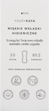 Miękkie wkładki Your Kaya z organicznej bawełny, 20 sztuk, bezzapachowe, widok z przodu opakowania.