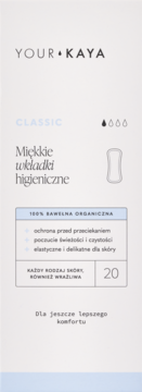 Your Kaya Classic: białe opakowanie miękkich wkładek higienicznych ze 100% bawełny organicznej, 20 sztuk, widok z przodu.