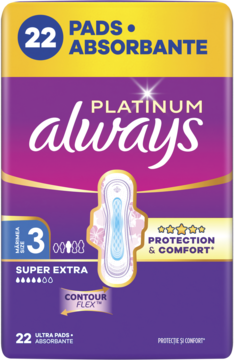 Fioletowo-złote opakowanie 22 podpasek Always Platinum Super Extra rozmiar 3, widok z przodu.