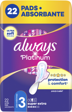 Fioletowo-żółte opakowanie podpasek Always Platinum rozmiar 3 super extra, widok z przodu z wkładką.