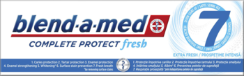 Opakowanie pasty Blend-a-med Complete Protect Fresh, biało-niebieskie z czerwonym logo i dużą cyfrą 7, widok z przodu.