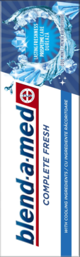 Blend-a-med Complete Fresh pasta do zębów, białe pudełko z niebiesko-czerwonym logo, widok z przodu.
