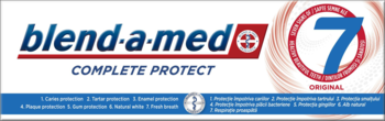 Opakowanie pasty Blend-a-med Complete Protect, białe, z logo i czerwono-niebieskim napisem '7 ORIGINAL'.