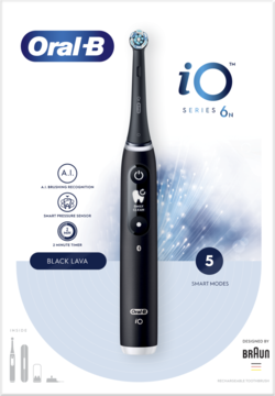 Czarna szczoteczka elektryczna Oral-B iO 6H z okrągłą główką, AI i 5 trybami, widok z przodu.
