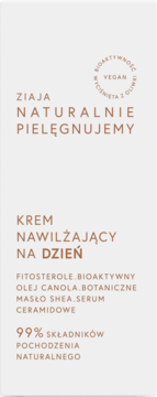 Ziaja Krem Nawilżający Na Dzień. Beżowe pudełko, widok z przodu. Wegański, 99% naturalnych składników, z fitosterolami.