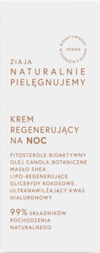 Biały kartonik kremu Ziaja Naturalnie Pielęgnujemy Regenerujący na Noc, wegański, 99% naturalnych składników, widok z przodu.