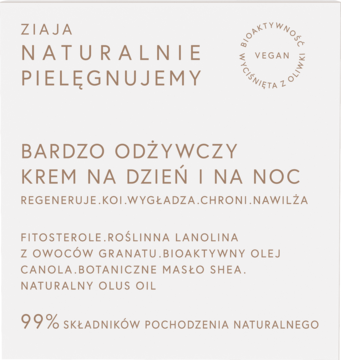 Ziaja bardzo odżywczy krem na dzień i noc, beżowe opakowanie, wegański, 99% składników naturalnych, widok z przodu.