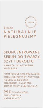 Ziaja Naturalnie Pielęgnujemy serum do twarzy i dekoltu, beżowe opakowanie, wegańskie i roślinne składniki.
