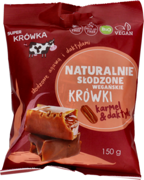 Czerwona torebka Super Krówka wegańskich krówek karmel-daktyl, 150g, słodzone agawą, widok z przodu.