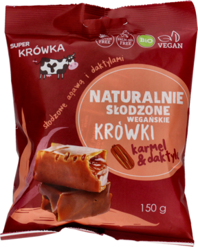 Czerwona torebka Super Krówka wegańskich krówek karmel-daktyl, 150g, słodzone agawą, widok z przodu.