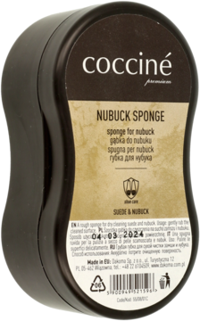 Coccine Nubuck Sponge w ciemnym, zaokrąglonym opakowaniu, widok z przodu pod kątem. Widoczna etykieta z datą 04.03.2024.