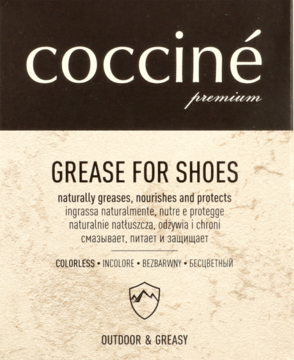 Front opakowania Coccine Grease for Shoes, bezbarwny, do pielęgnacji obuwia outdoor.