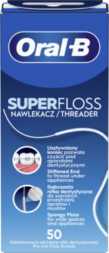 Oral-B Superfloss, nić dentystyczna do aparatów ortodontycznych. Granatowe pudełko, widok z przodu, 50 sztuk.